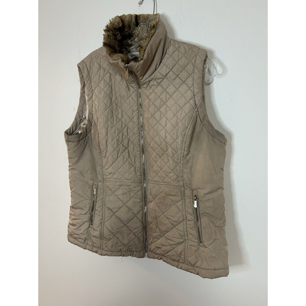 Calvin Klein Quilted Puffer Vest Faux Fur Collar Beige Women’s XL - Picture 2 of 9